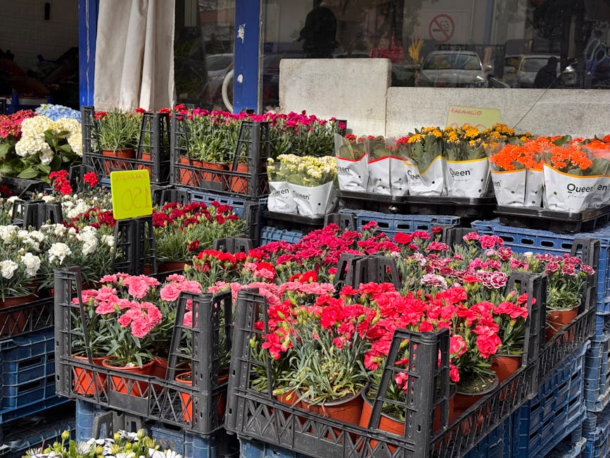 Outdoor display of numerous potted flowers arranged in black plastic crates, featuring a variety of vibrant blooms including pink, red, orange, white, and yellow flowers. The flowers are in full bloom